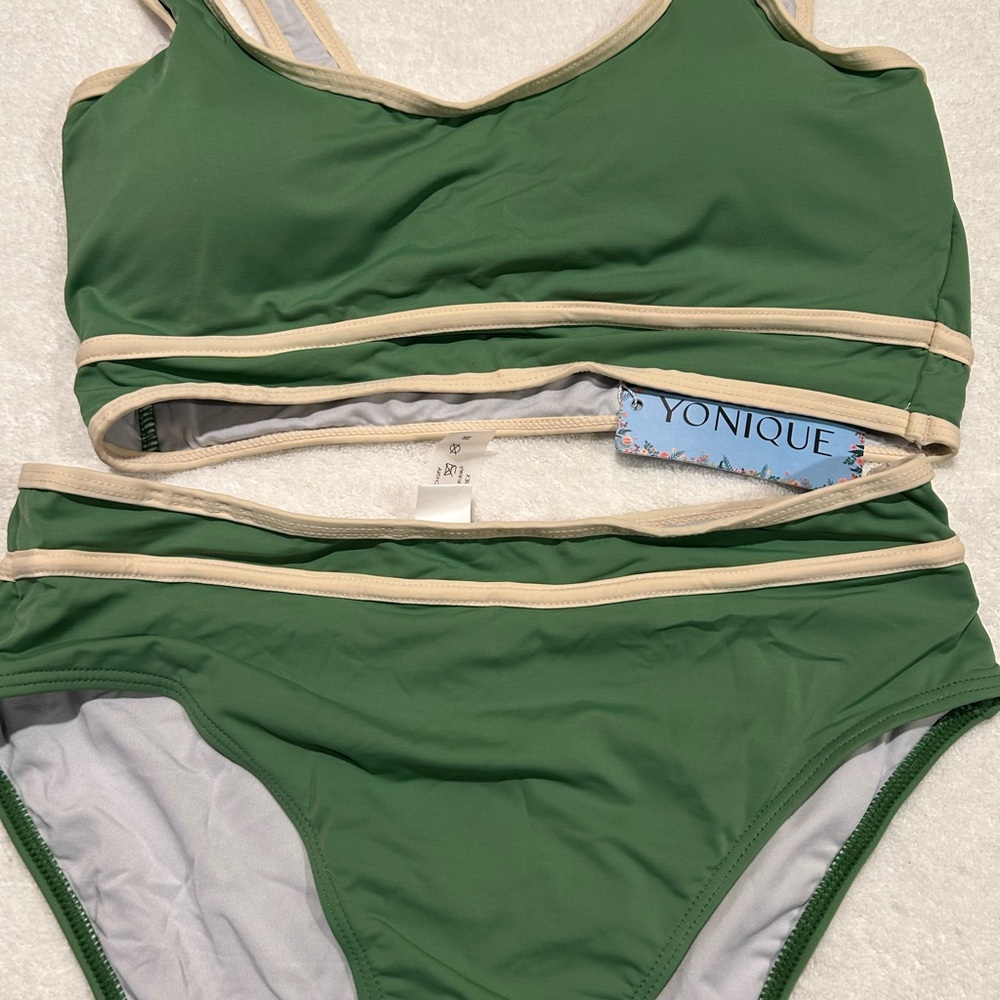 Younique Green and Cream Bikini Set with Sporty Design